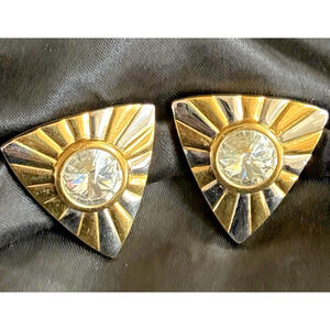 Erwin Pearl Clip Earrings Triangular Starburst Design Rhinestone Art Deco Style